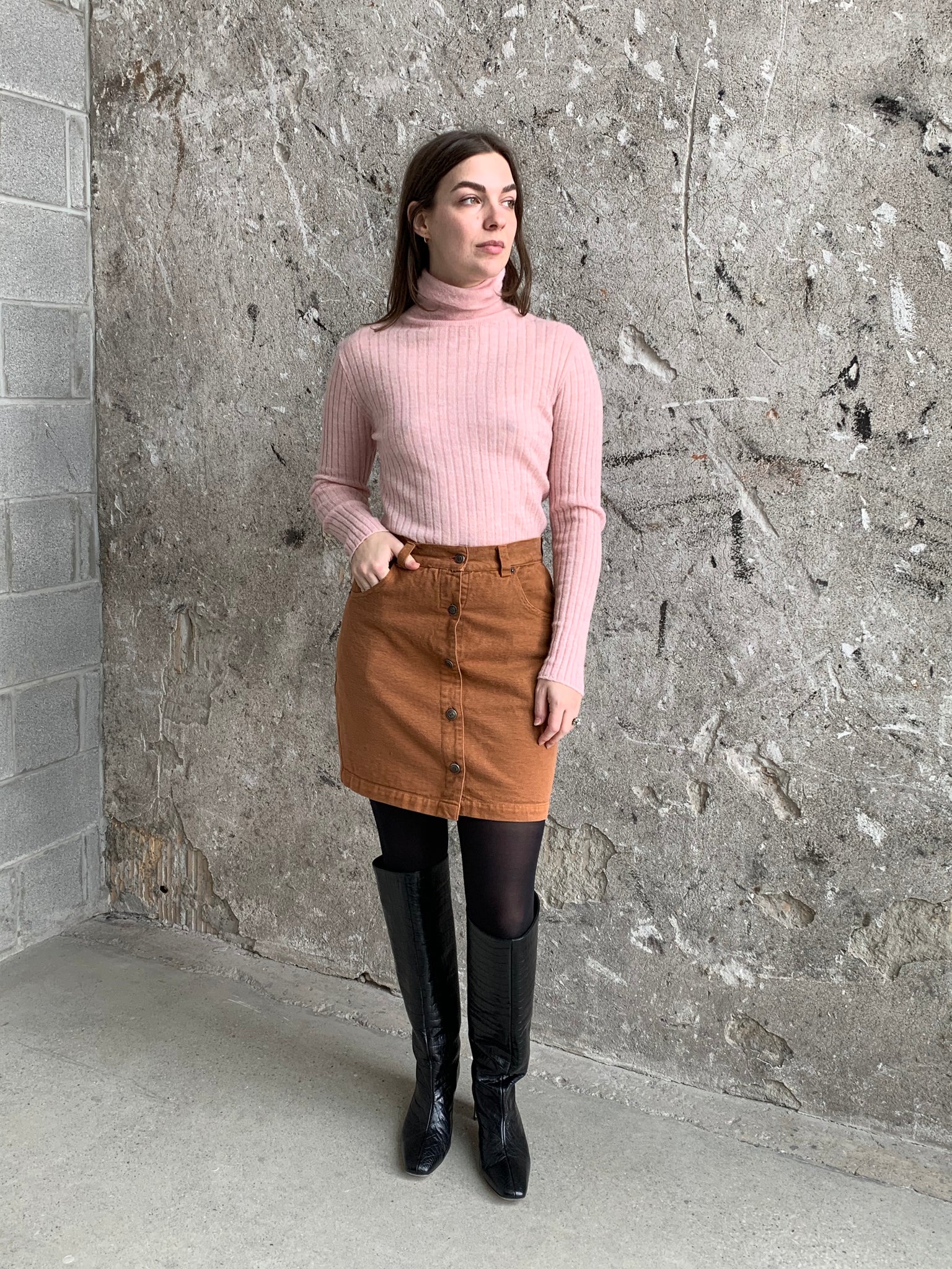 rust denim skirt