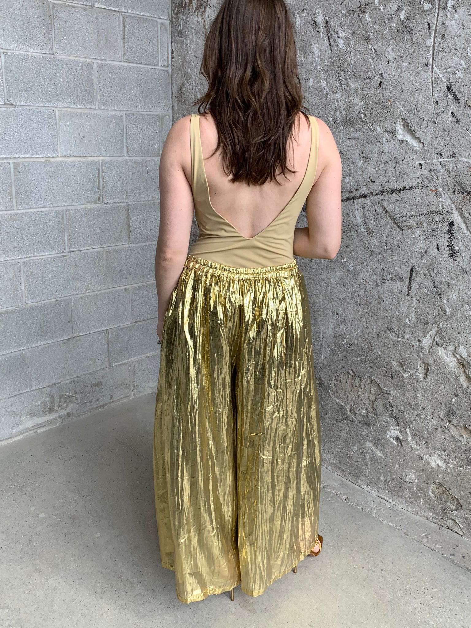 gold lame wide leg pants