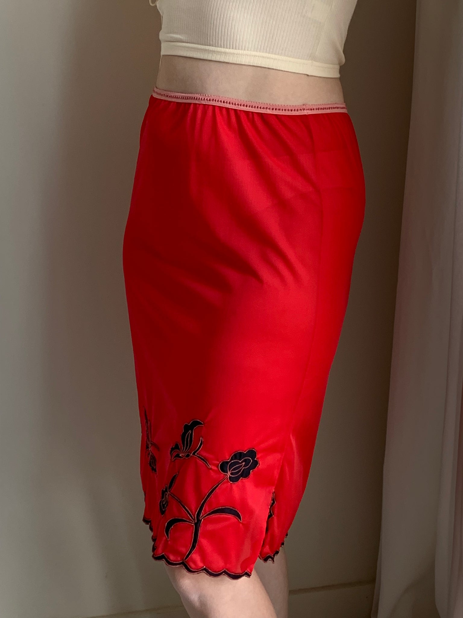 Red embroidered vintage slip skirt