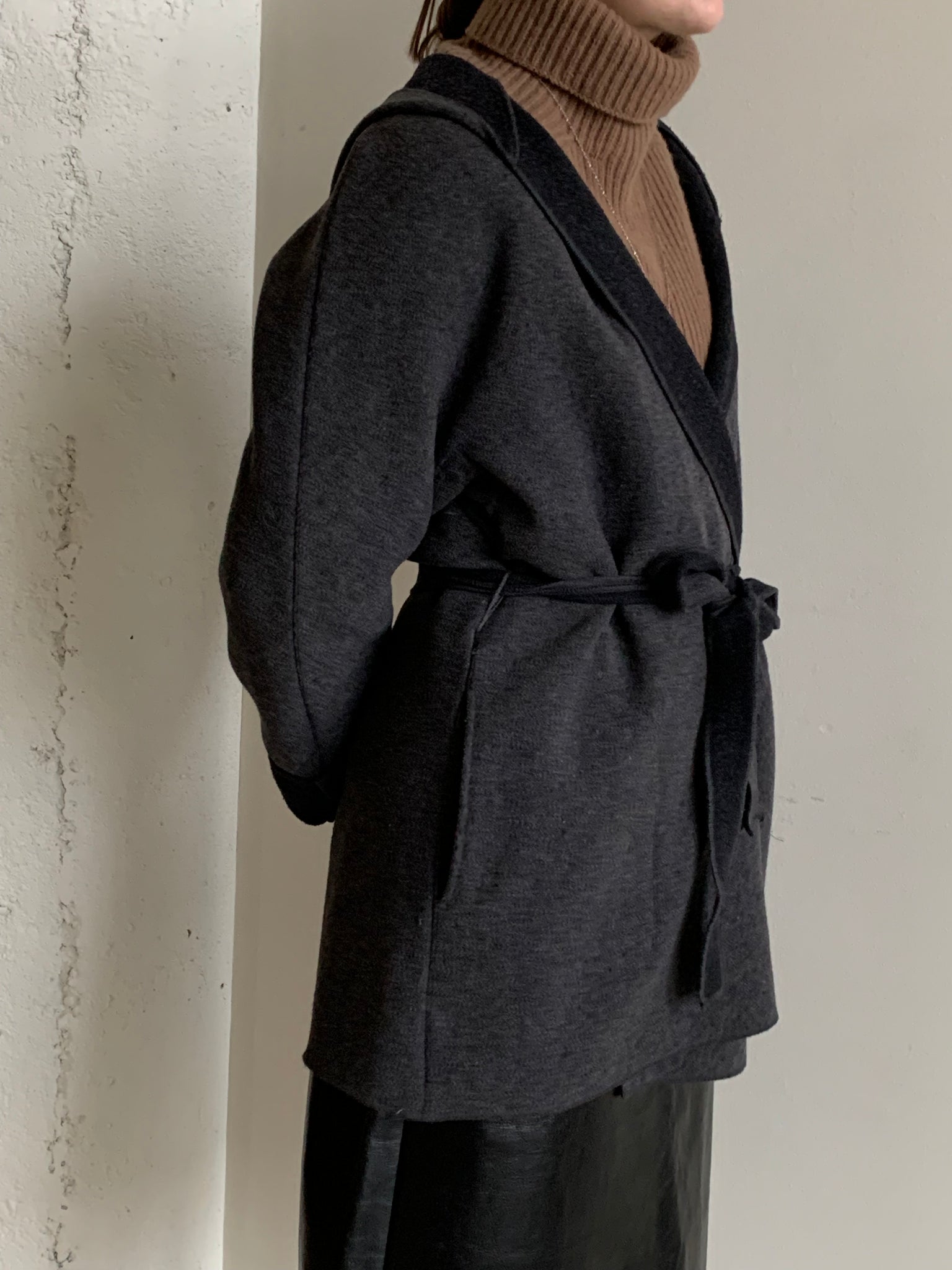 Gray hooded wrap coat