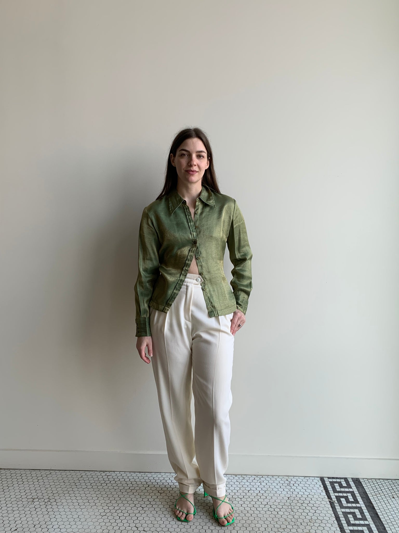 shimmery green button down