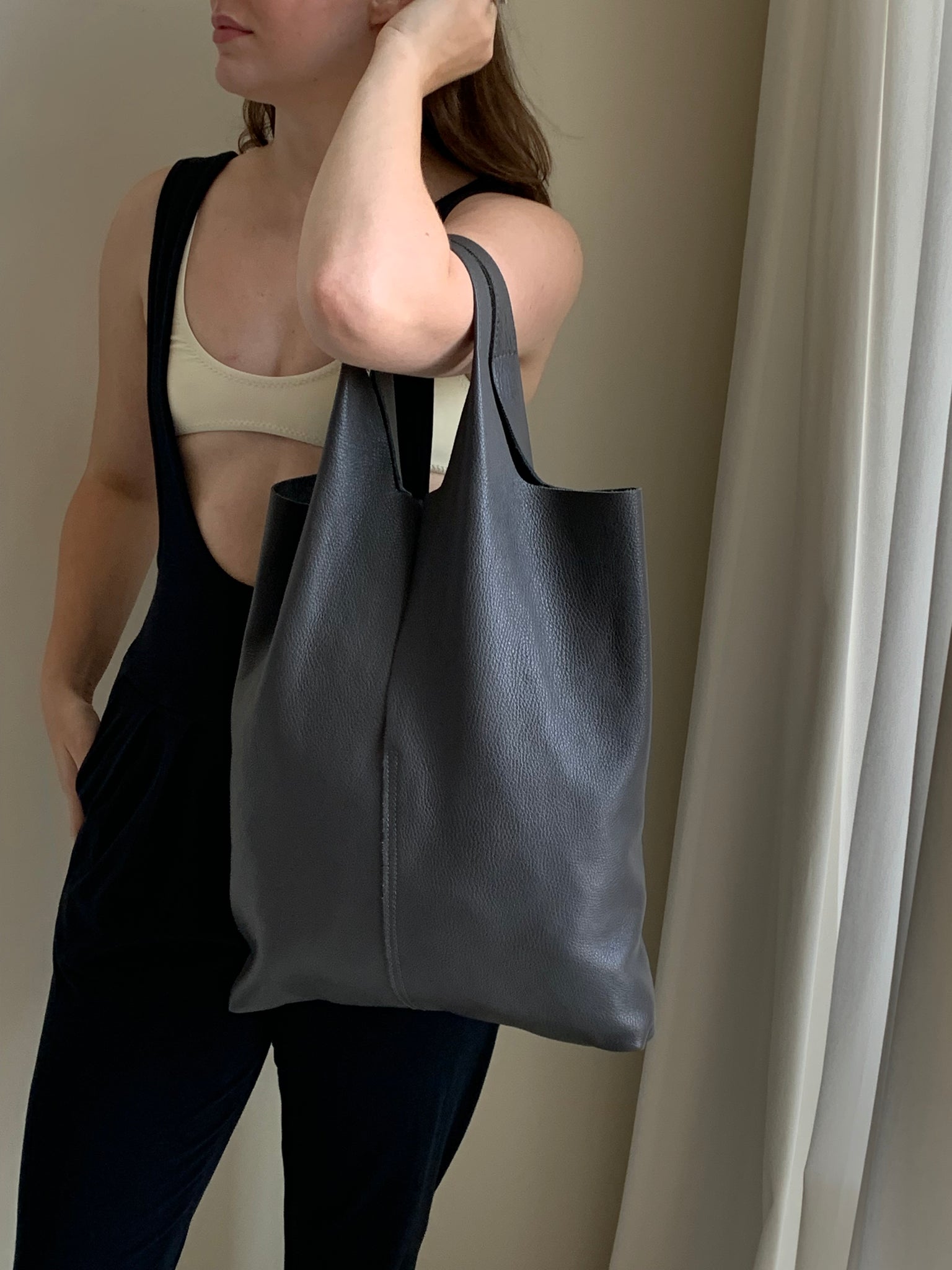 Gray leather tote