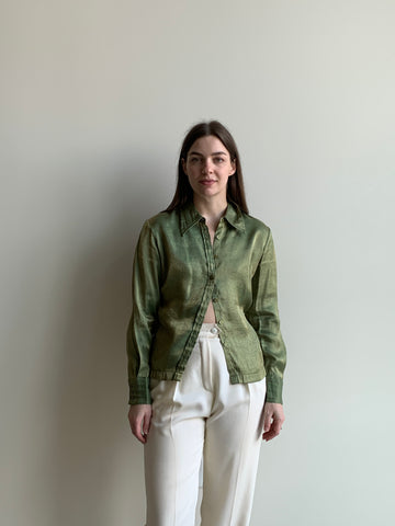 shimmery green button down