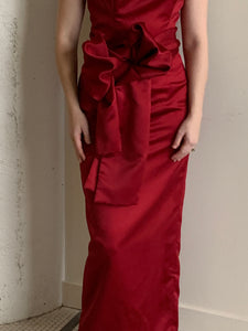 Red satin strapless gown