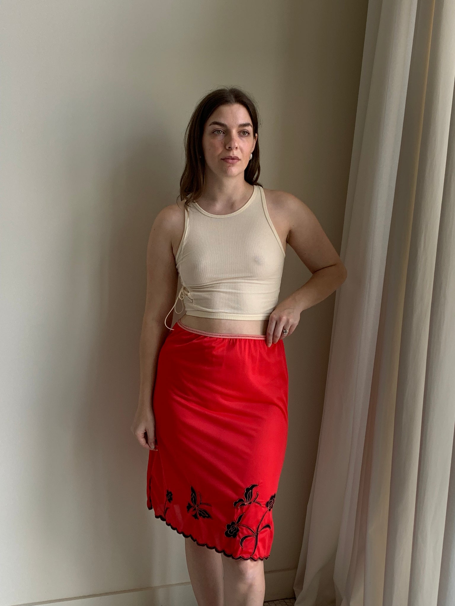 Red embroidered vintage slip skirt