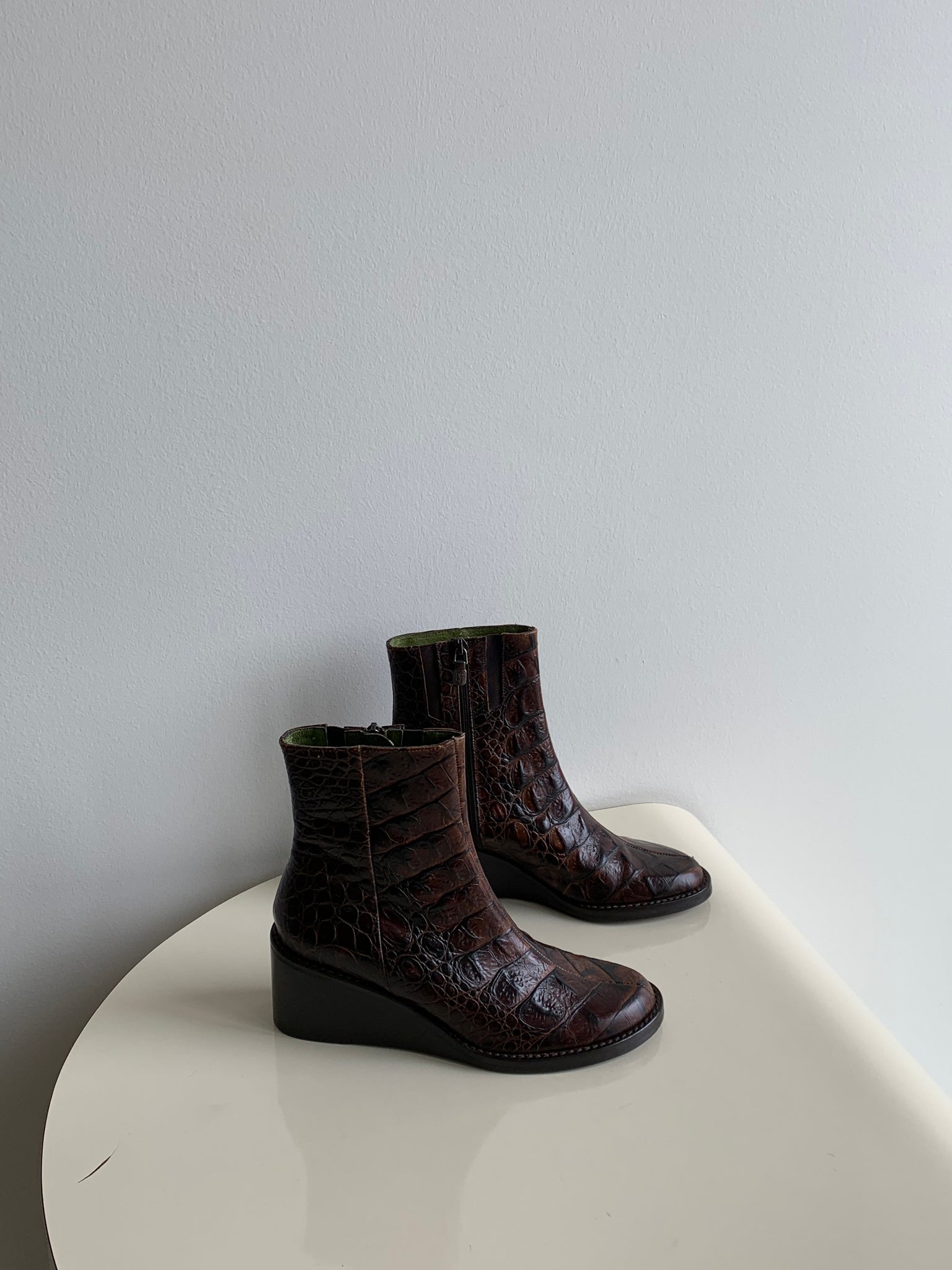 brown croc wedge boots