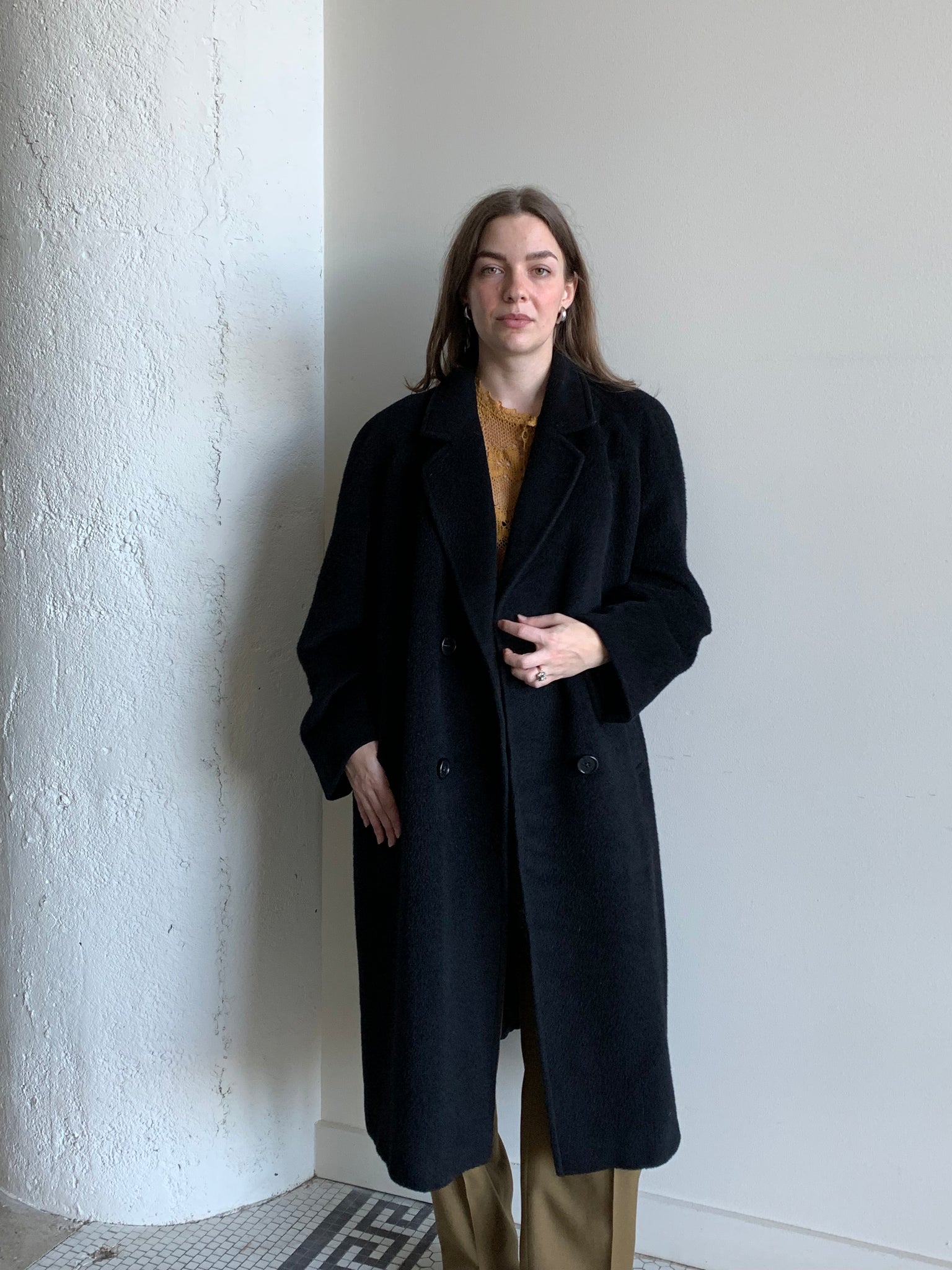 Black wool and mohair midi coat