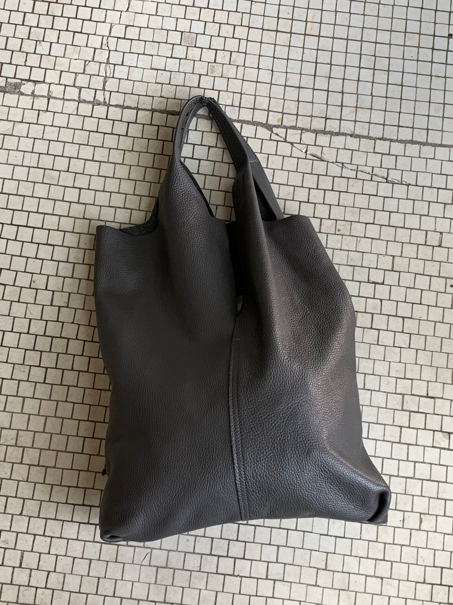 Gray leather tote