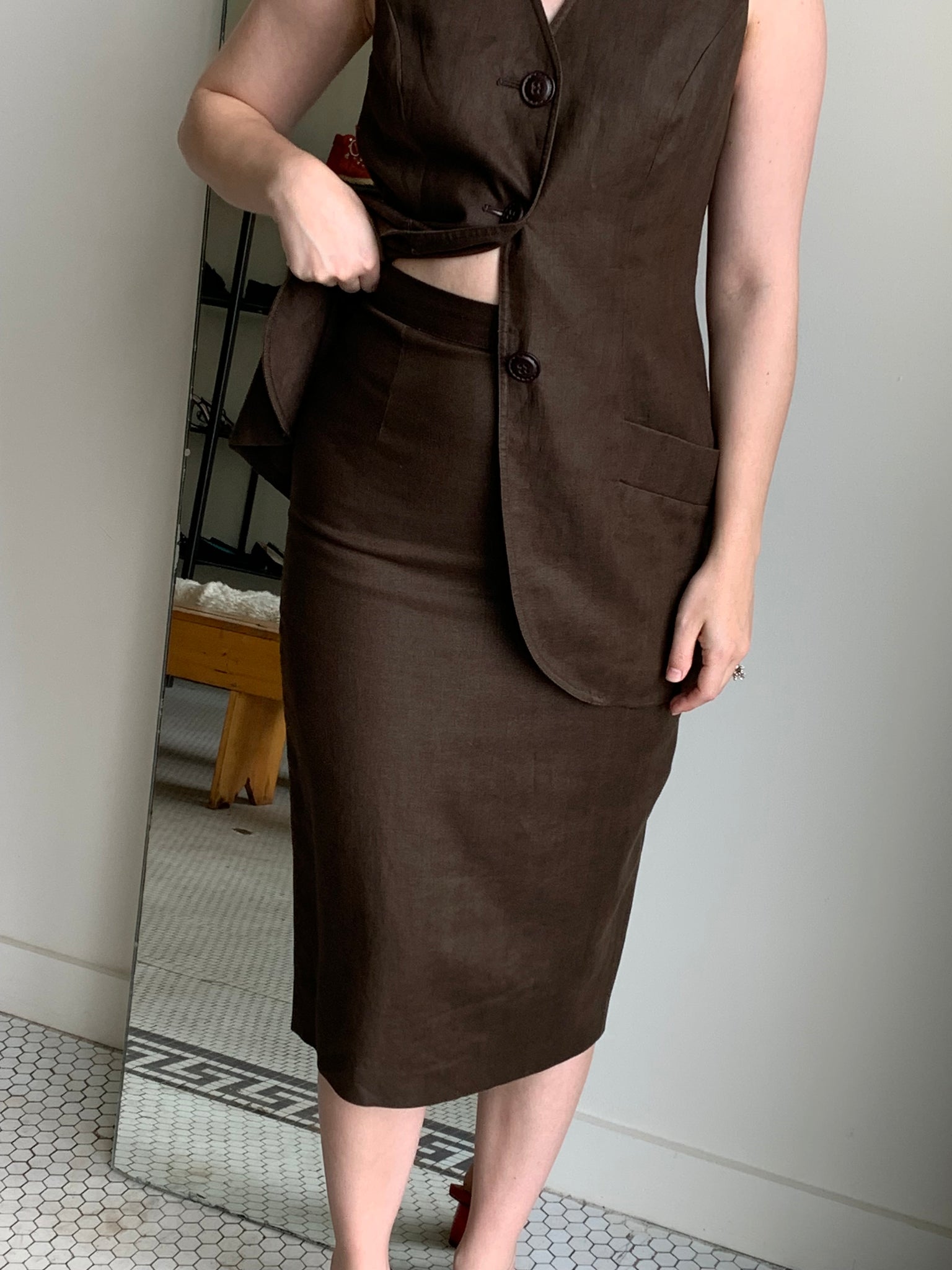 Brown linen vest and skirt set