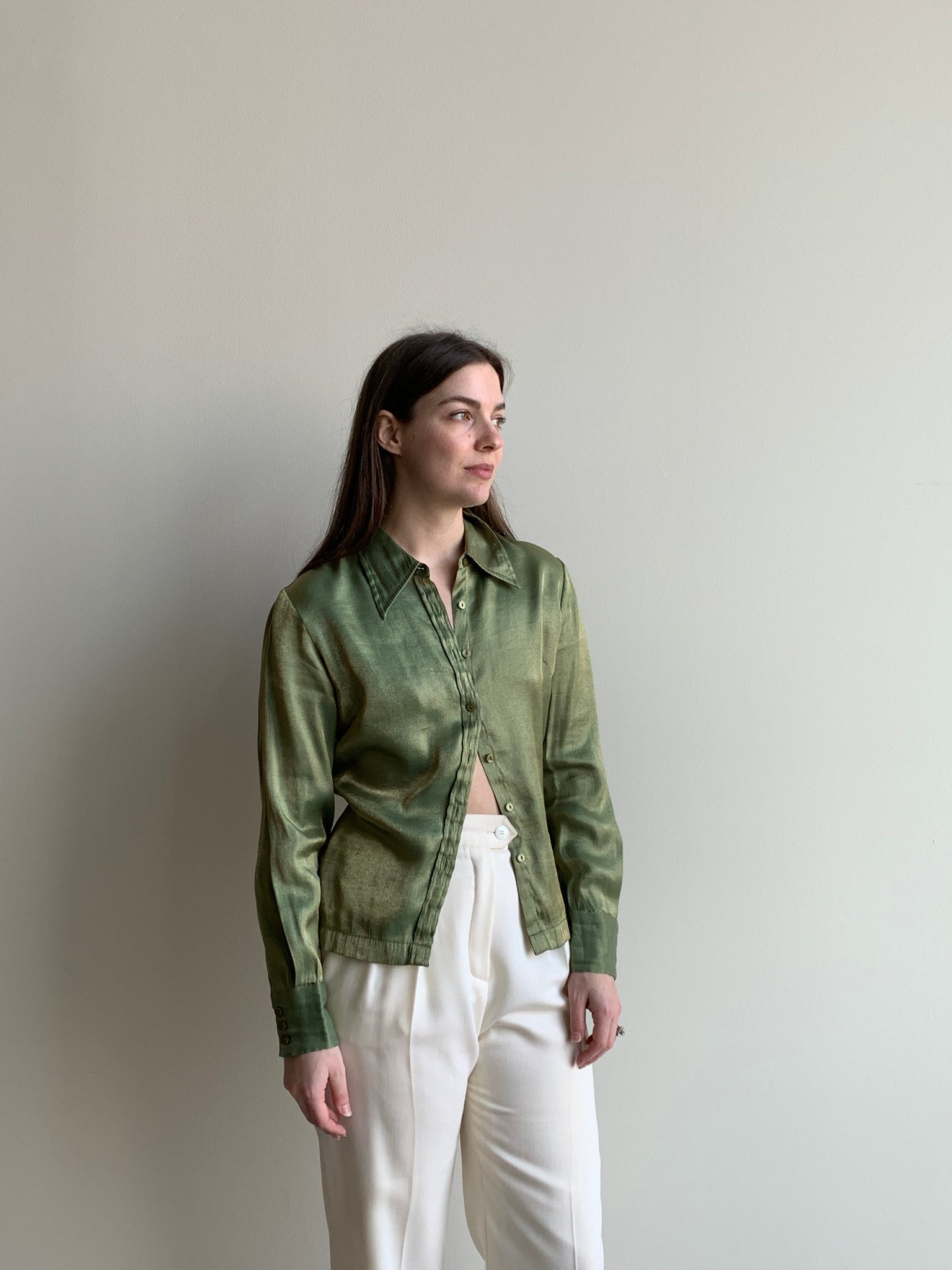 shimmery green button down