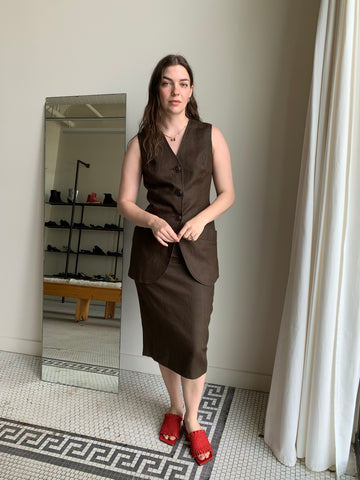 Brown linen vest and skirt set