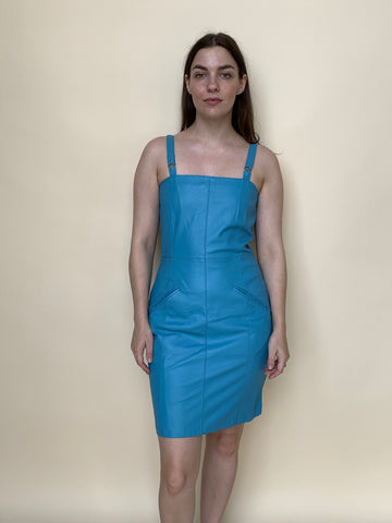 Blue leather mini dress
