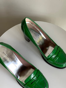 green heeled loafers