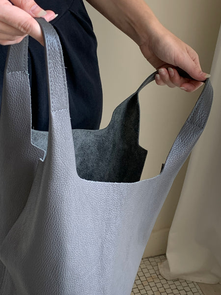 Gray leather tote