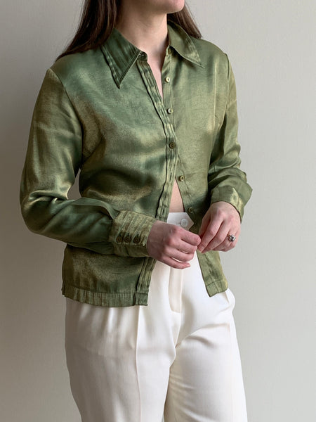 shimmery green button down