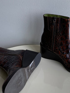 brown croc wedge boots