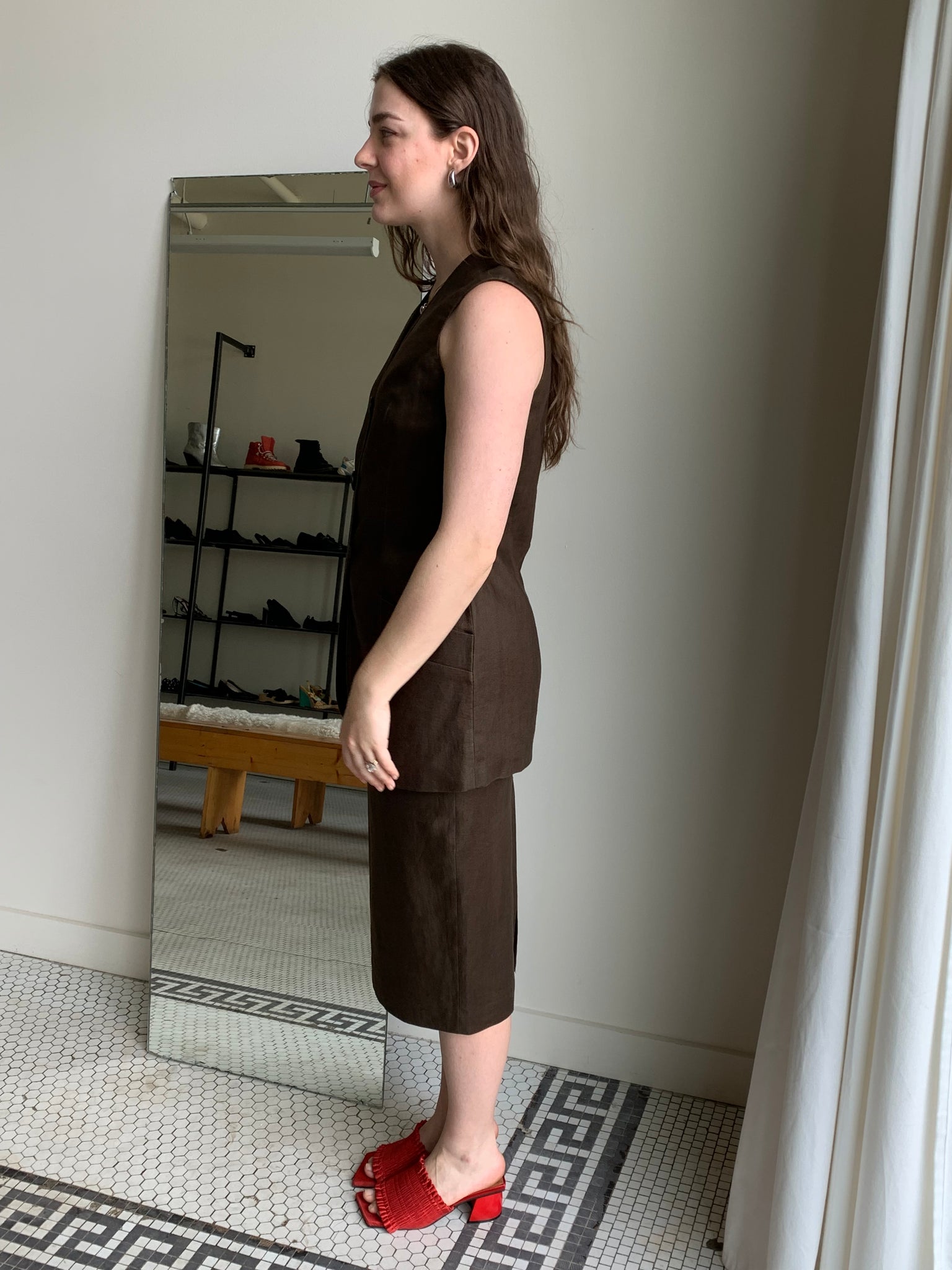 Brown linen vest and skirt set