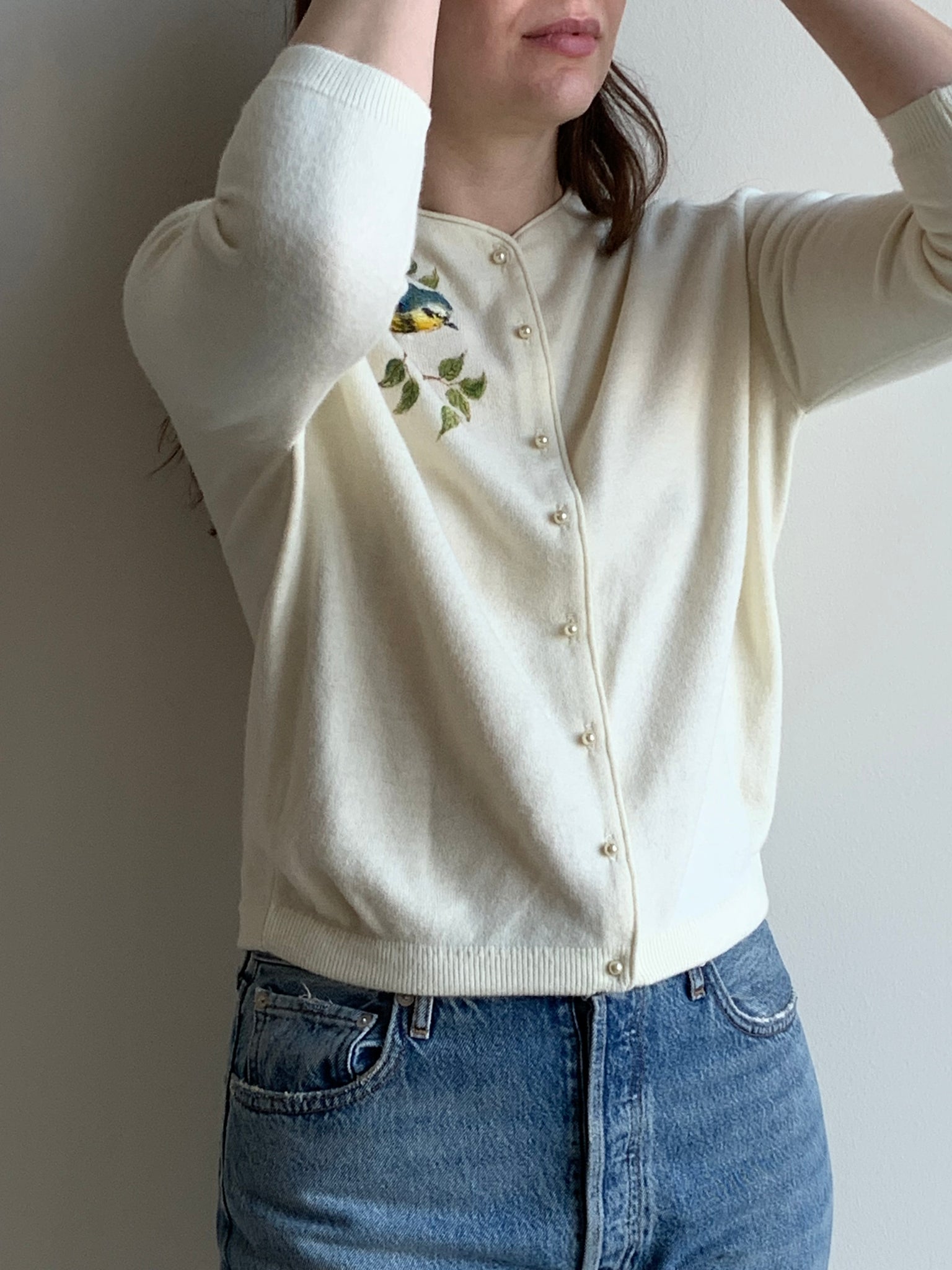 1960s hand painted bird cardigan