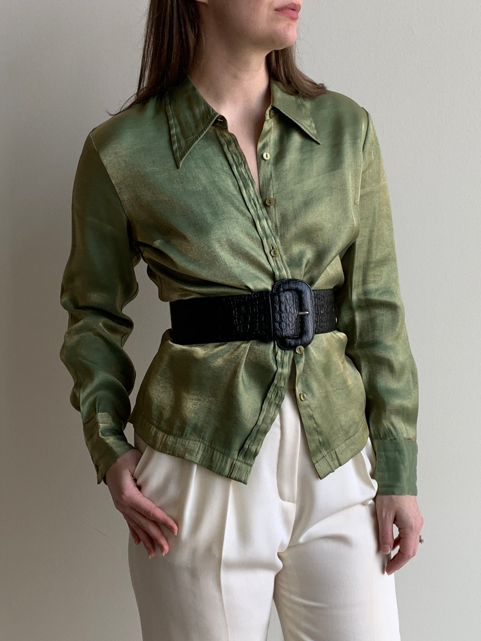 shimmery green button down