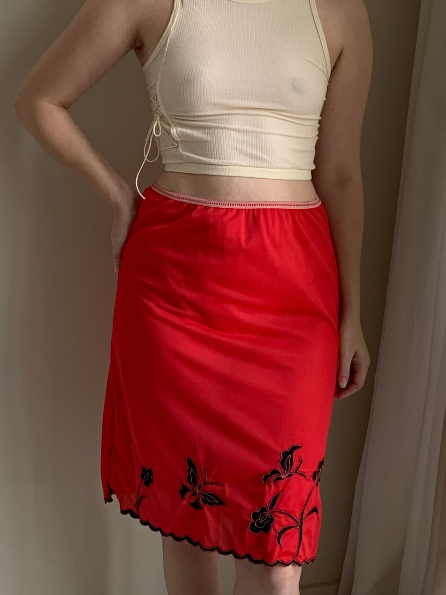 Red embroidered vintage slip skirt