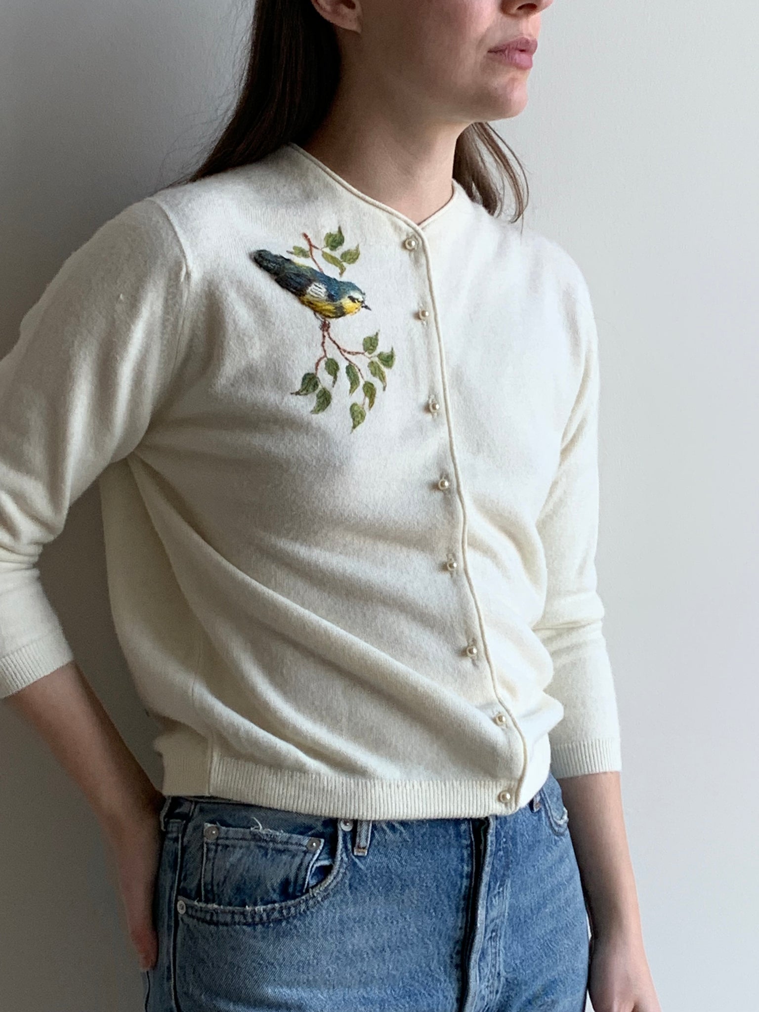 1960s hand painted bird cardigan