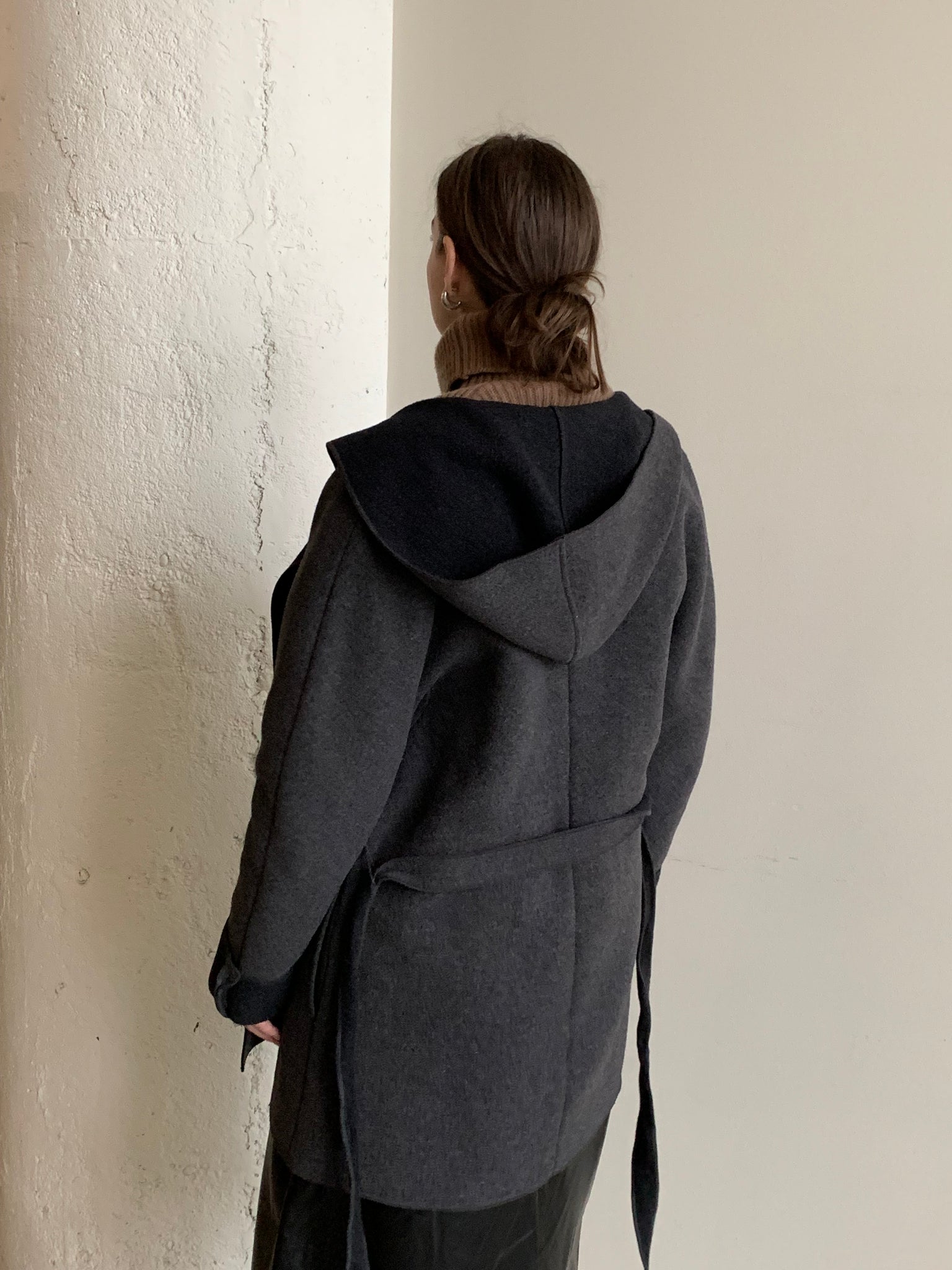 Gray hooded wrap coat