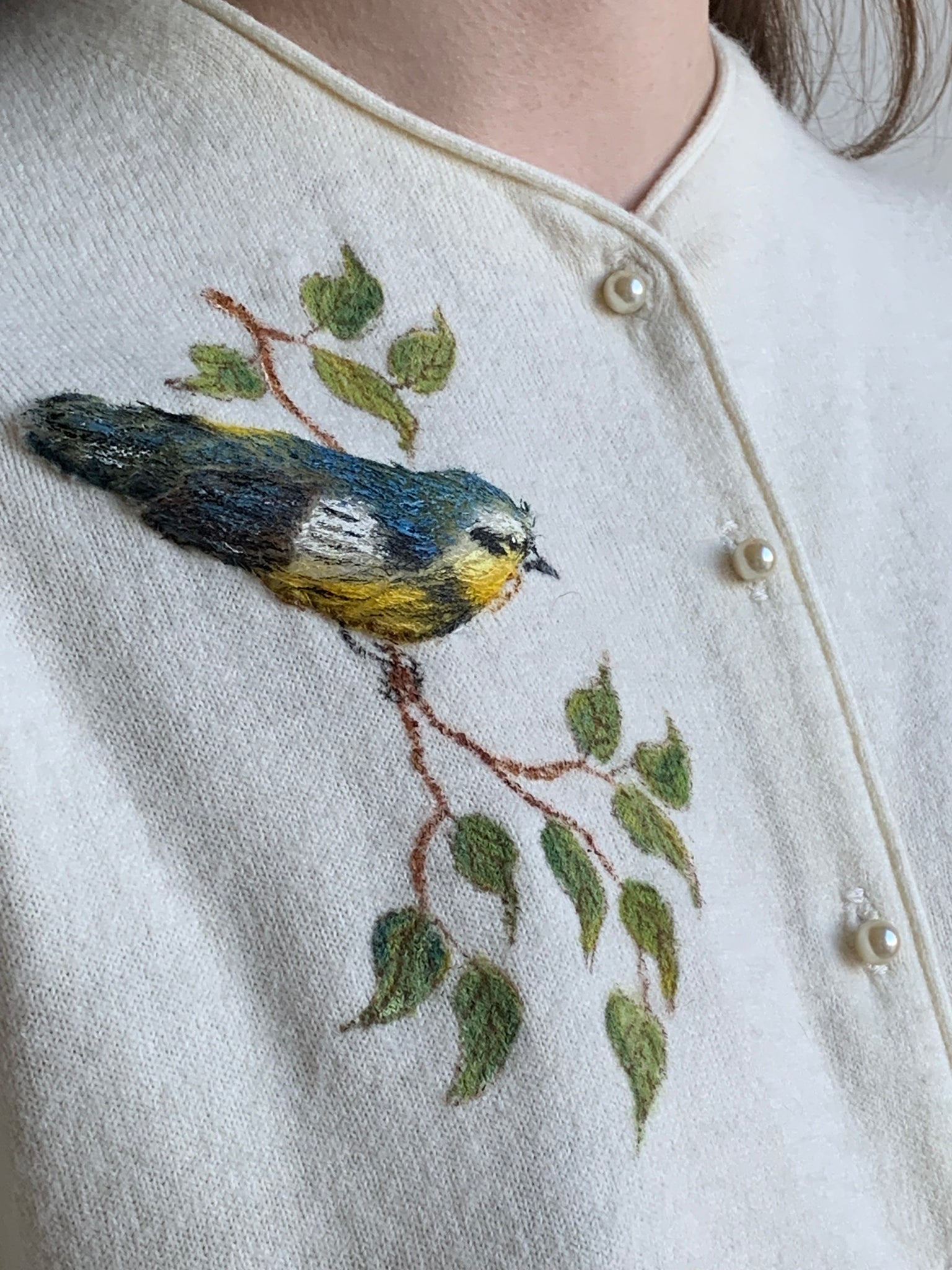 1960s hand painted bird cardigan