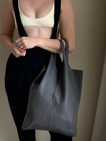 Gray leather tote